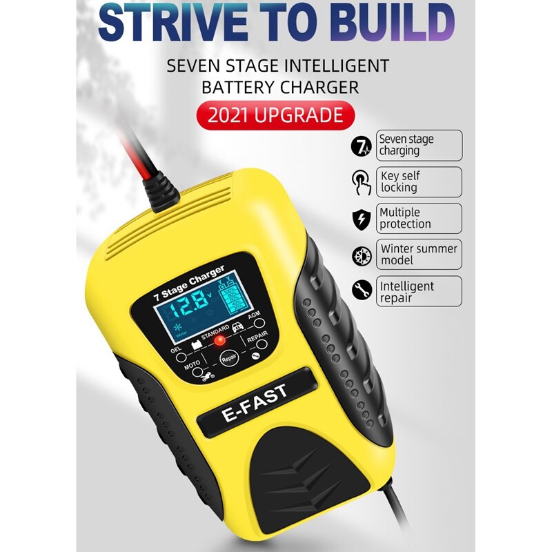 E-Fast 12V 7 Stage Multi-Battery Mode Lead-Acid Battery Charger Power Pulse Repair with LCD Digital Display