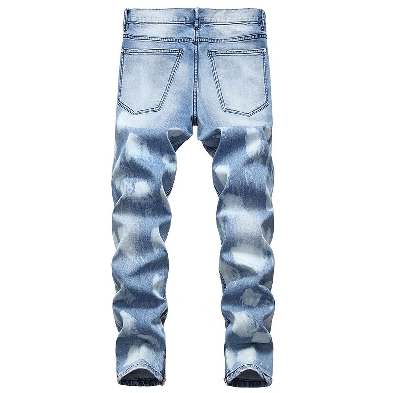 Sokotoo Men's zippers ripped jeans Plus big size light blue tie and dyed holes patchwork denim pants Buttons fly trousers