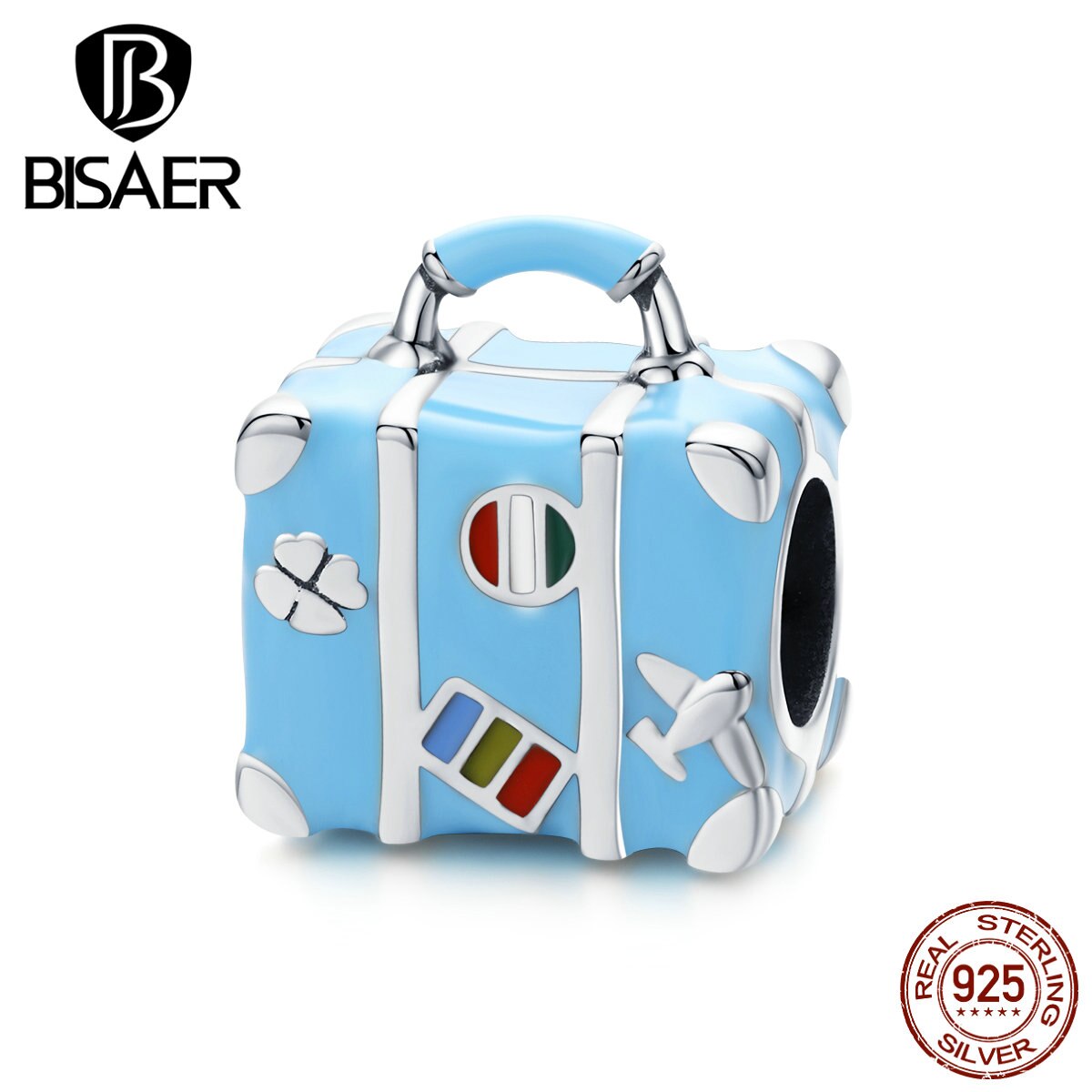 Travel Charms BISAER 925 Sterling Silver Travel Suitcase Box Beads Blue Charms fit Women Bracelets Jewelry ECC1377