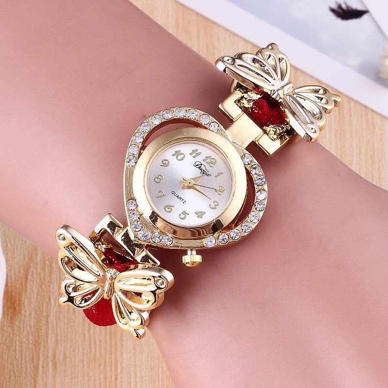 Hesiod Vrouwen Horloge Dames Hart Dial Horloge Klok Vrouwelijke Roestvrij Goud Kleur Vlinder Armband Horloge: red