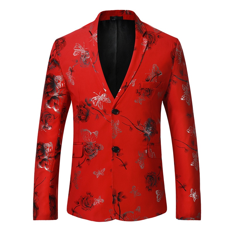 Rosa blomsterprint blazer herremerke enkeltspent jakkeslag dressjakke mannlig bryllup brudgom scenekostyme homme rød xl