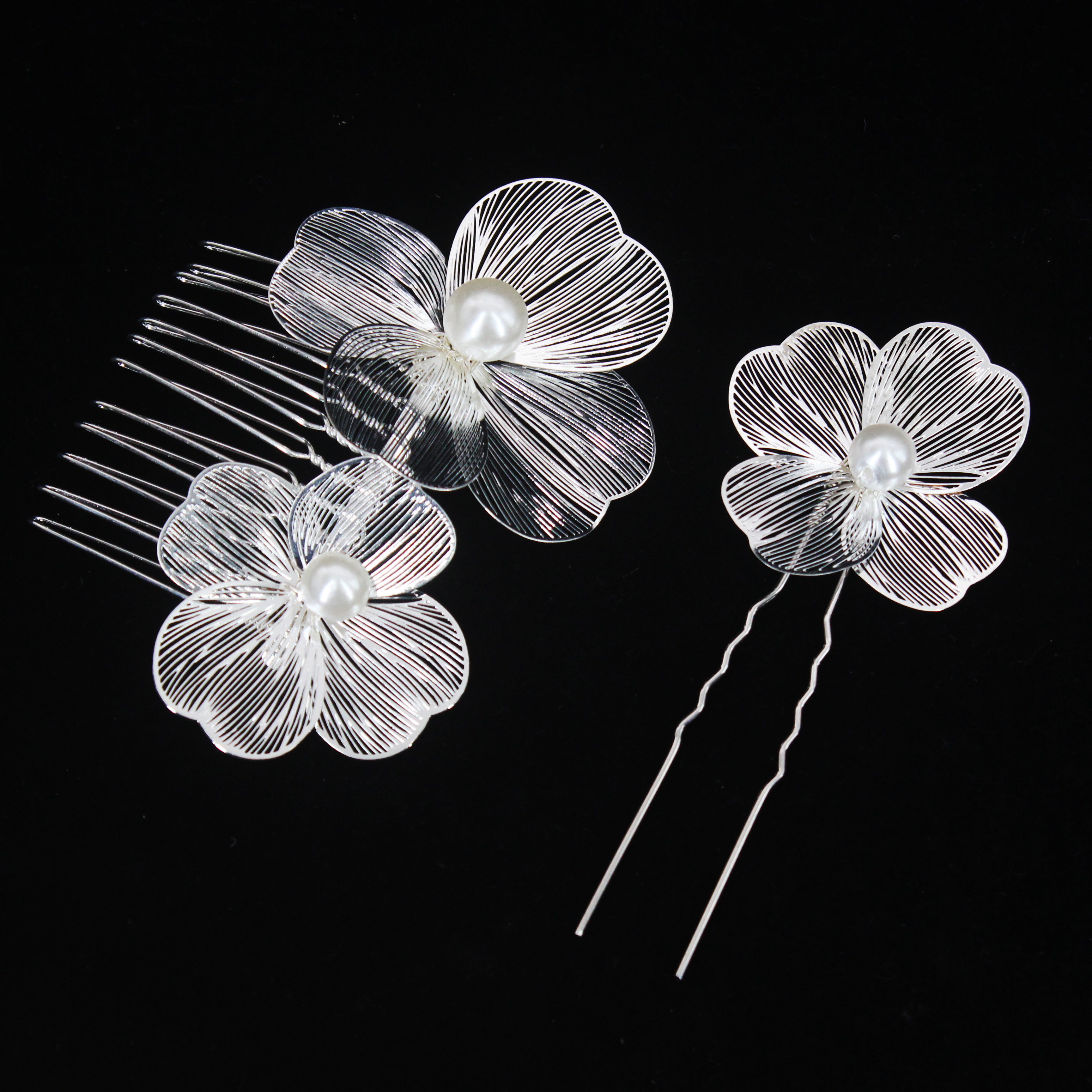 2 uds tocado de novia hecho a mano flor perla peine para el cabello alfileres joyería de estilo de boda insertar de peine accesorios para el cabello: Rodio plateado