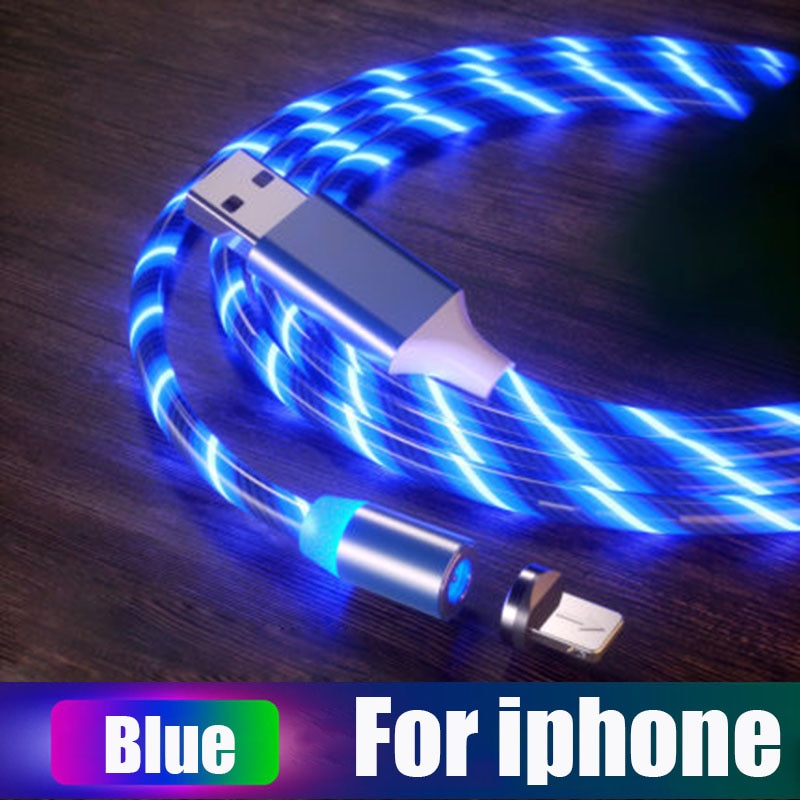 Lasaie Bunte Fließende Licht LED Magnetische Kabel Mikro USB Typ C Kabel Schnelle Ladung Magnetische Ladegerät Kabel für iPhone Xiaomi: Blau Pro iphone / 2m