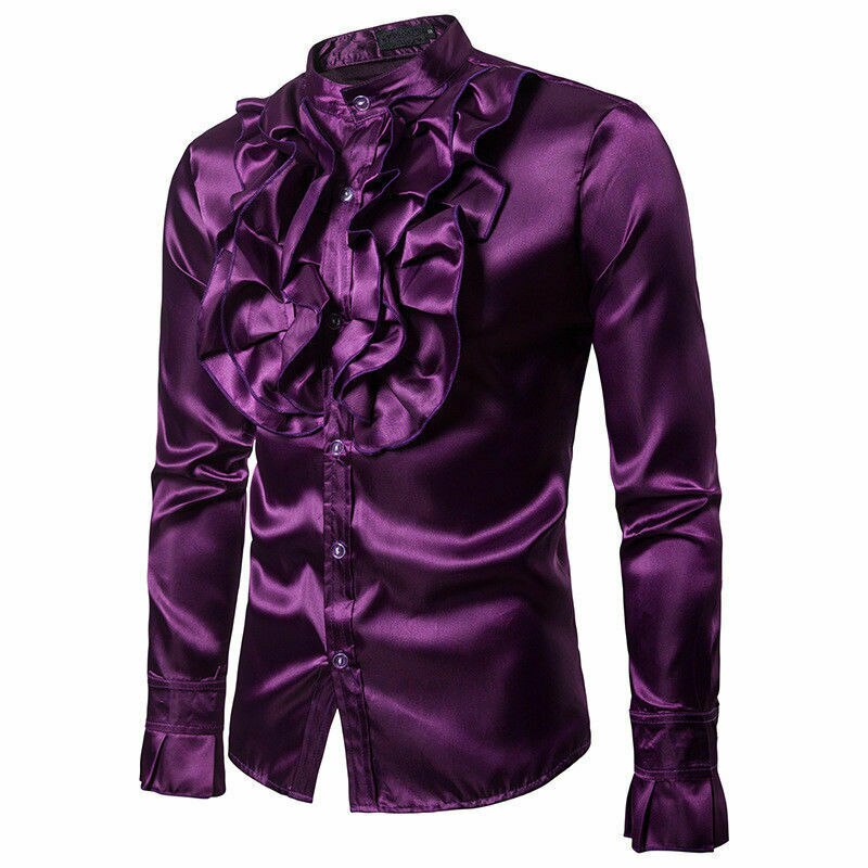Stilfuld luksus silke skjorte herre satin glat solid smoking skjorte slim fit skinnende guld bryllup tøj skjorter: Lilla / Xl
