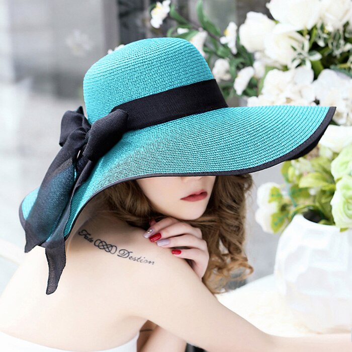 Sommer stor randen stråhat floppy bred randen solhue bue knude strand foldbare hatte hatte til kvinder: Himmelblå