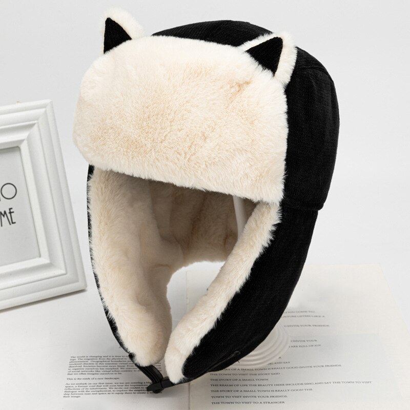 hiver femmes oreilles de chat Bomber chapeau épais coton cachemire en peluche masque russe Ski Protection visage cache-oreilles casquette