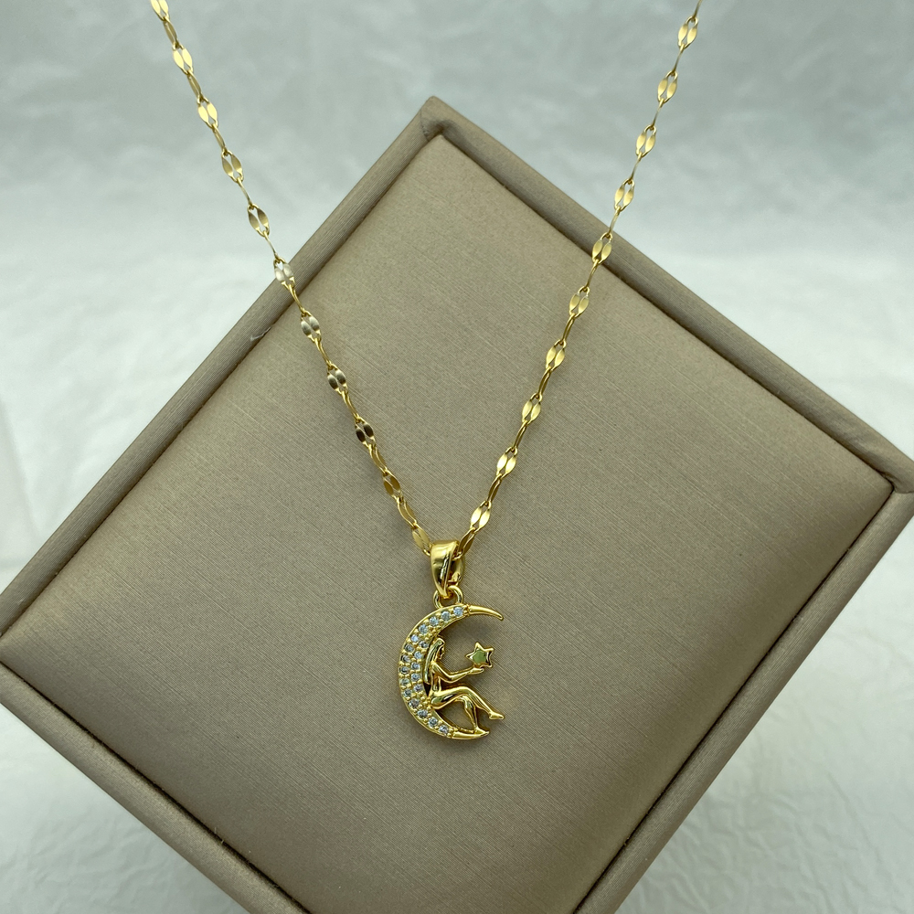 Gold Color Stainless Steel Necklace for Women Style Butterfly Jewlry Green Water Copper Pendant Zircon Pearl Cross Butterly: Titanium Plated