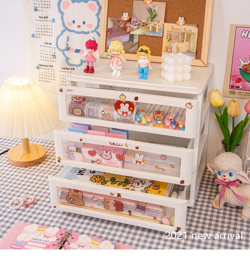 MINKYS Kawaii ABS Drawer Desktop Organizer Desk Storage Box With DIY Free Sticker School Stationery Accessories