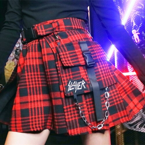 Short gothique punk harajuku pour femme, style décontracté, cool, chic, preppy, à carreaux rouges, plissé, noir, jupes: Rouge / M