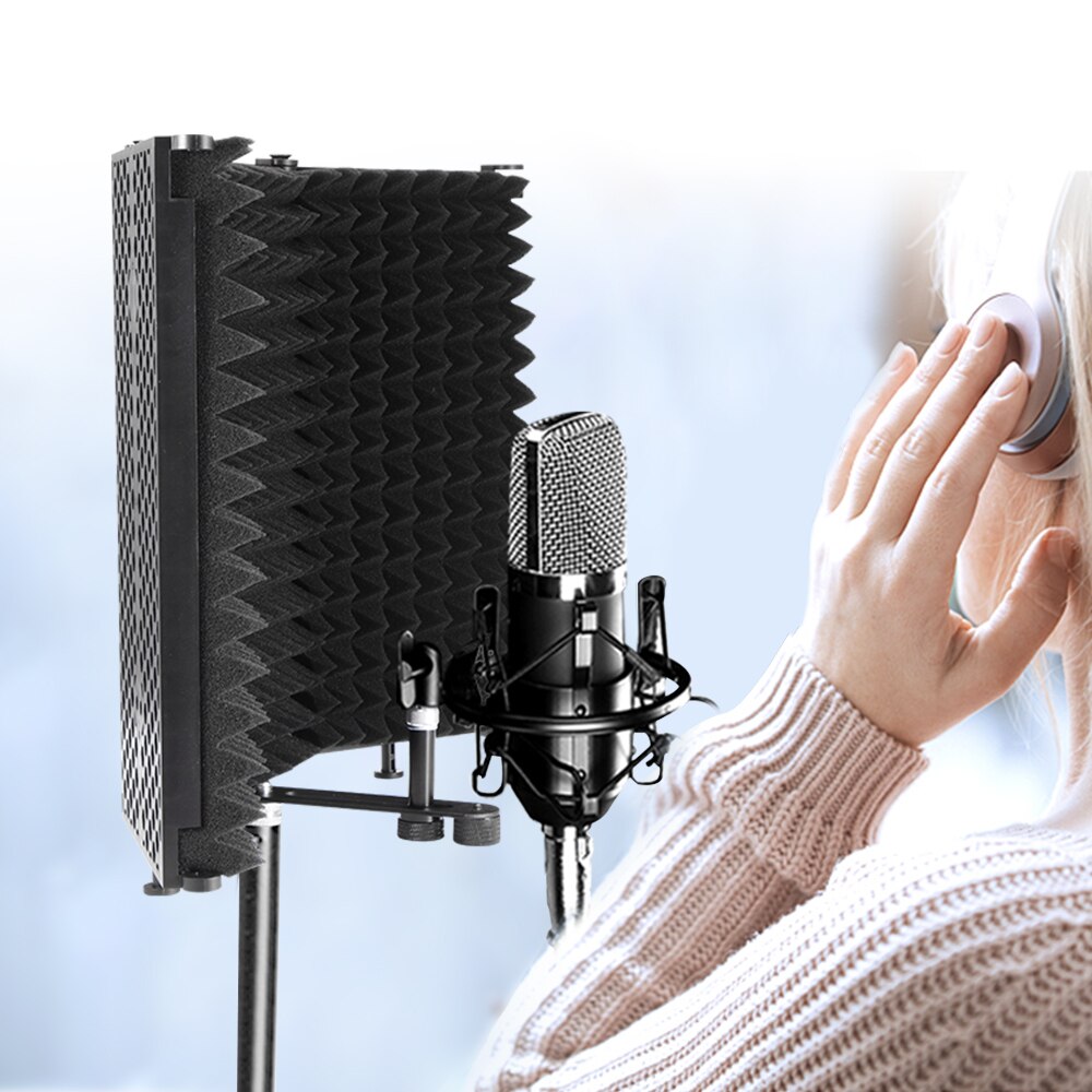 Foldable Adjustable Portable Sound Absorbing Vocal Recording Panel, Aluminum Acoustic Isolation Microphone Shield Foam Reflector