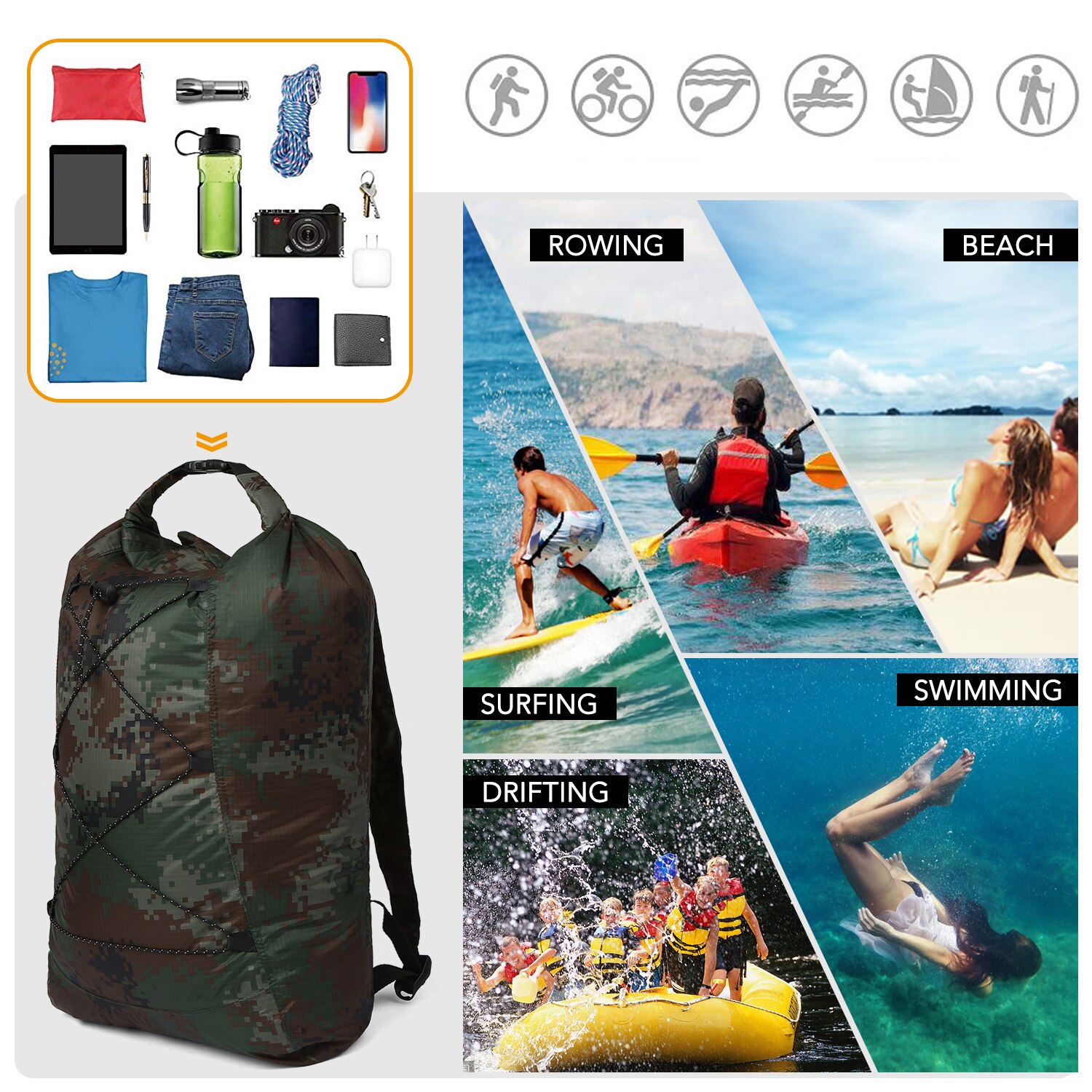 Foldable Waterproof Dry Backpack Water Floating Bag Roll Top Sack for Kayaking Rafting Boating River Trekking Swimming Pool