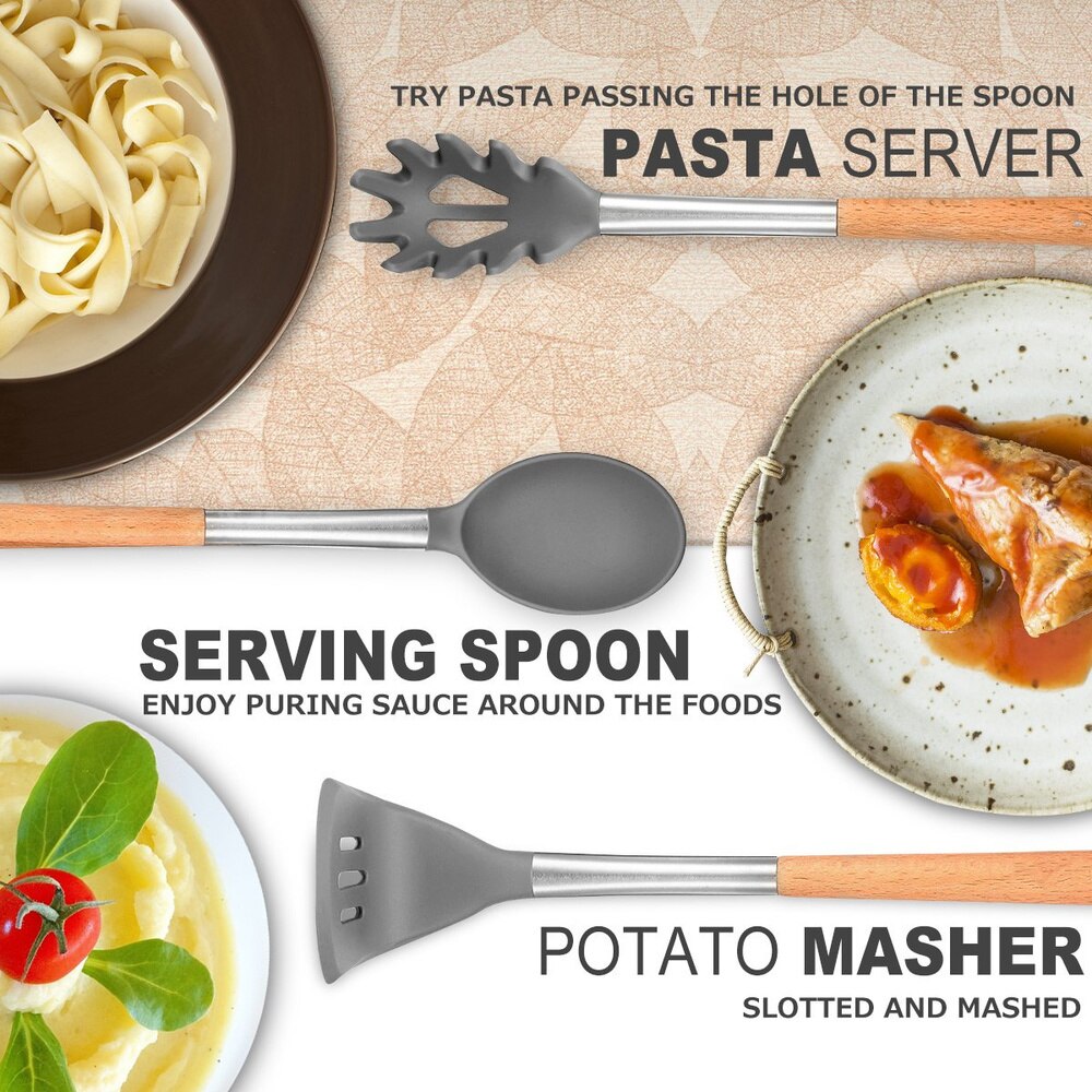 9/10Pcs Kitchen Set- Silicone Utensils Cooking Sets Non-stick Kitchenware Spatula with Wooden Handle Kitchen Tools Accessories