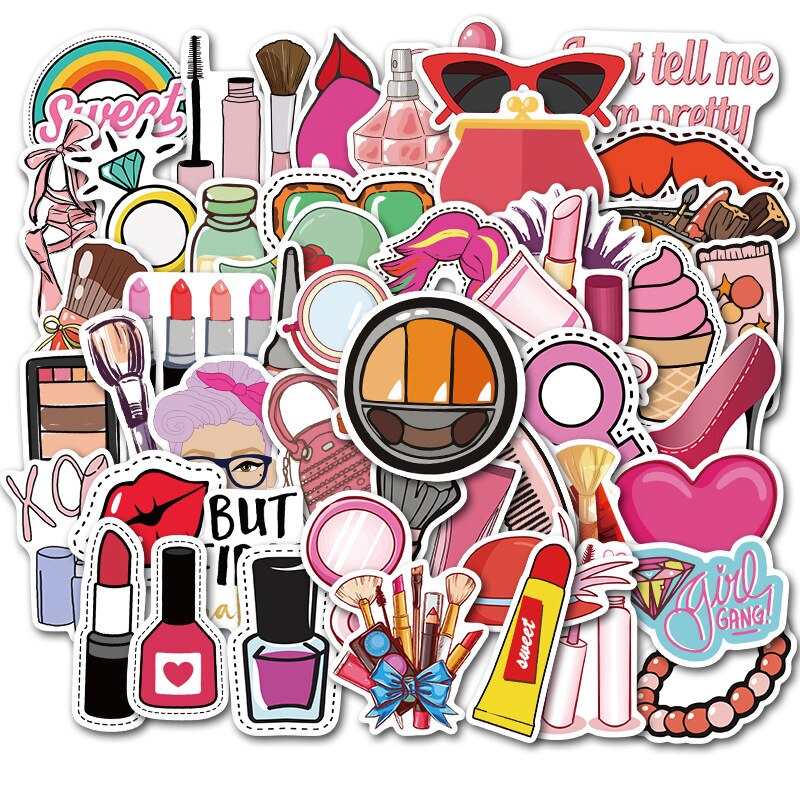 50 Stks/partij Pretty Girl Cosmetische Sticker Decal Lipstick Parfum Hoge Hakken Patroon Diy Voor Laptop Bagage Koffer Leuke Stickers: Default Title