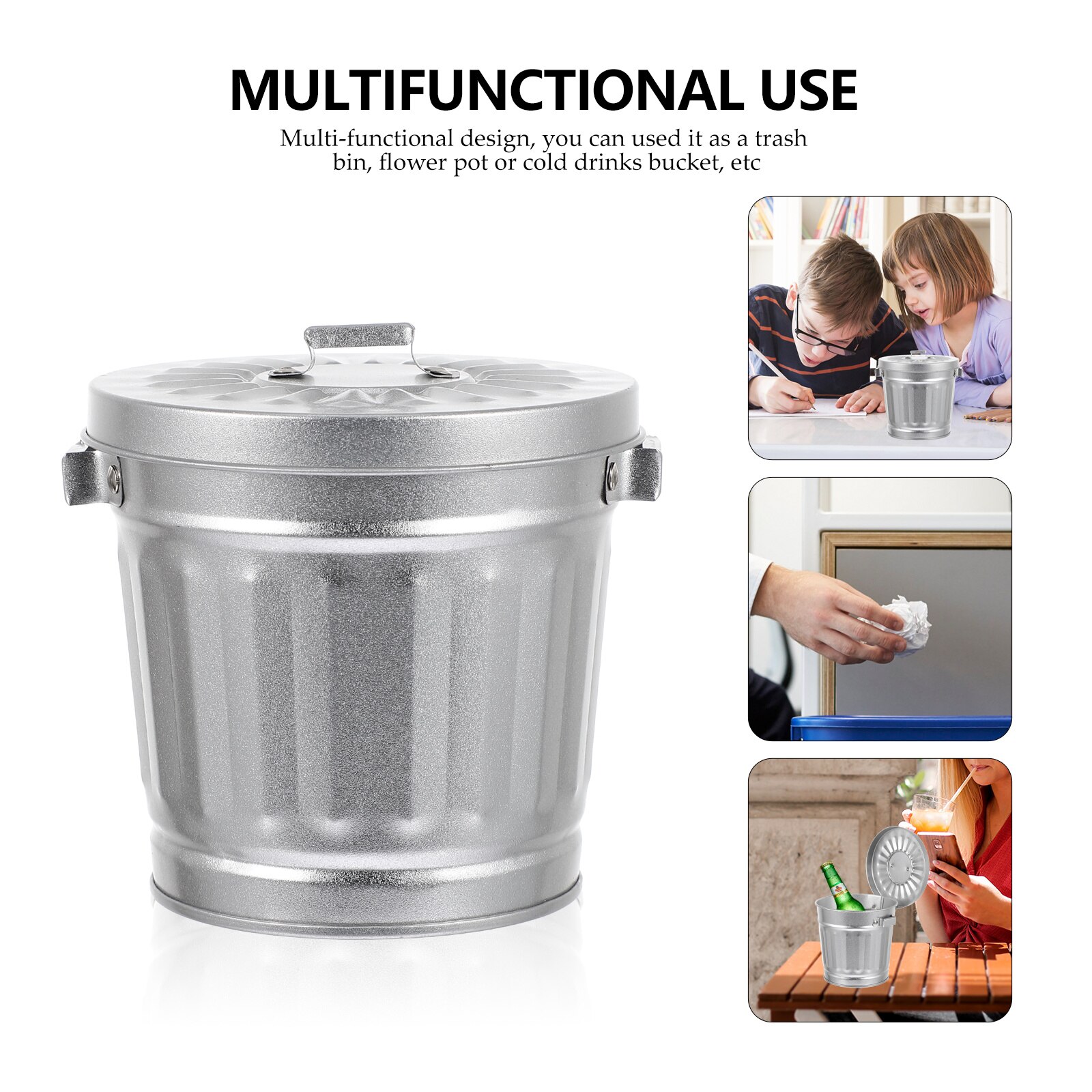 Mini Desktop Wastebasket Metal Trash Can Bucket Garbage Holder Flower Pot with Lid