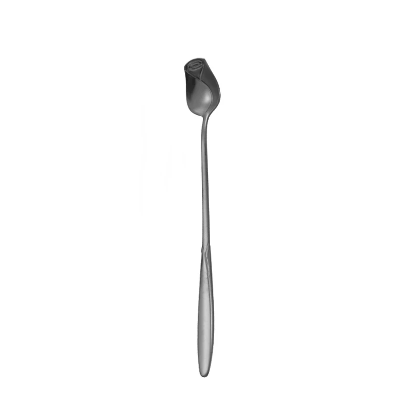 Long Handle Teaspoon Stainless Steel Rose Mixing Spoon Unusual Teaspoons for Dessert Honey Salad Tea Coffee Spoons Year: black / L