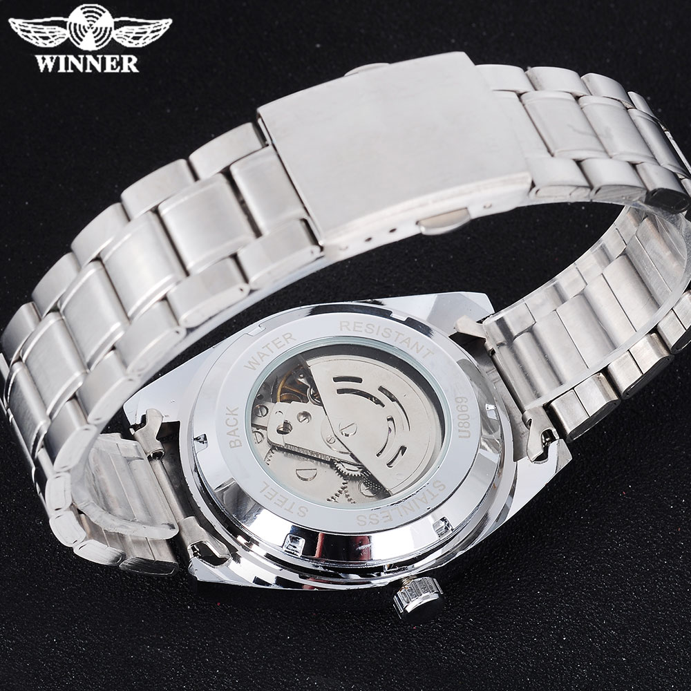 Winnaar Beroemde Mannen Mode Automatische Zelf Wind Horloges Witte Wijzerplaat Transparant Glas Silver Case Roestvrij Stalen Band