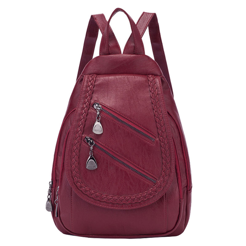 Frauen Leder Rucksack Frauen Studenten Schule Tasche Große Rucksäcke Multifunktions Reisetaschen Mochila Damen Bagpack B9385: Rot