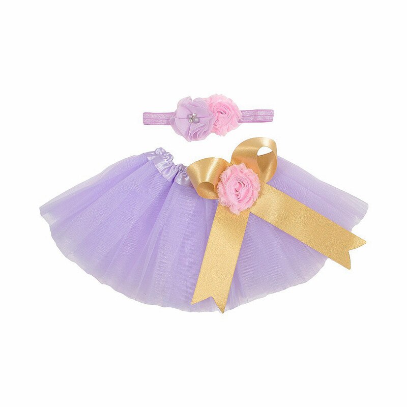 Pasgeboren Baby Meisjes Strik Tutu Rok Bloem Hoofdband Fotografie Prop Kostuum Zuigeling Set: Light Purple