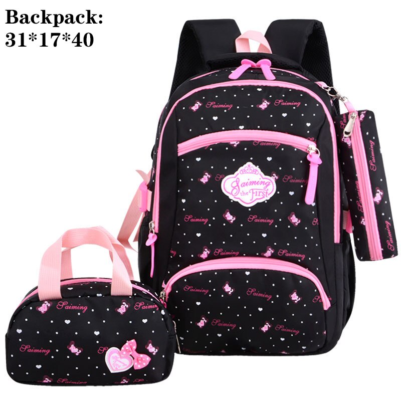 3 Set Waterdichte Schooltas Mode School Rugzak Canvas Schoudertassen Afdrukken Meisjes Schooltassen Mochilas Kinderen Kids Bag: 8876 black