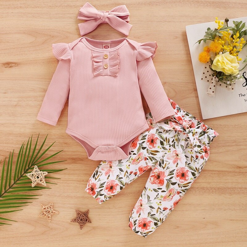 Ensemble de vêtements pour -né bébé filles 3 pièces fleurs imprimer volants à manches longues barboteuse pantalon bandeau 0-24M
