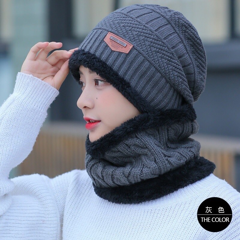 Conjunto de gorros de lana de Coral para hombre, bufanda cálida y transpirable, gorro de punto de lana con letras, gorro de doble capa, para invierno, Uds.: woman gray