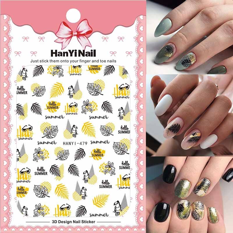 3D Nail Art Sticker Voor Manicure Decoratie Zwart Goud Kleuren Geometrische Lijnen Bladeren Ultra Dunne Slider Nail Lijm HY004: 479