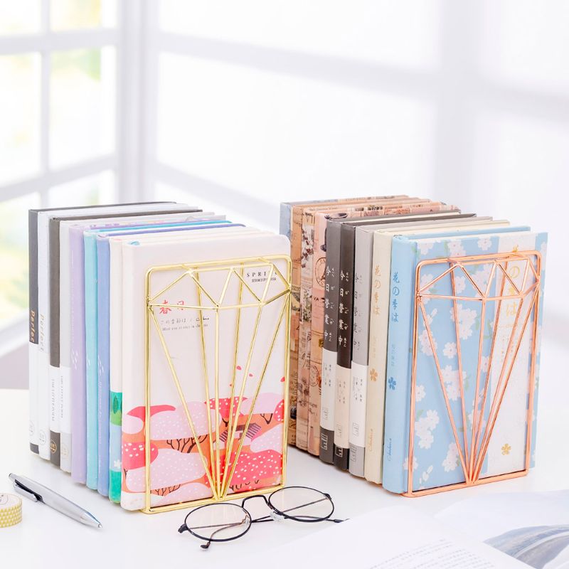 Diamond Shaped Metal Bookends Desk Organizer Book Support Stand Storage