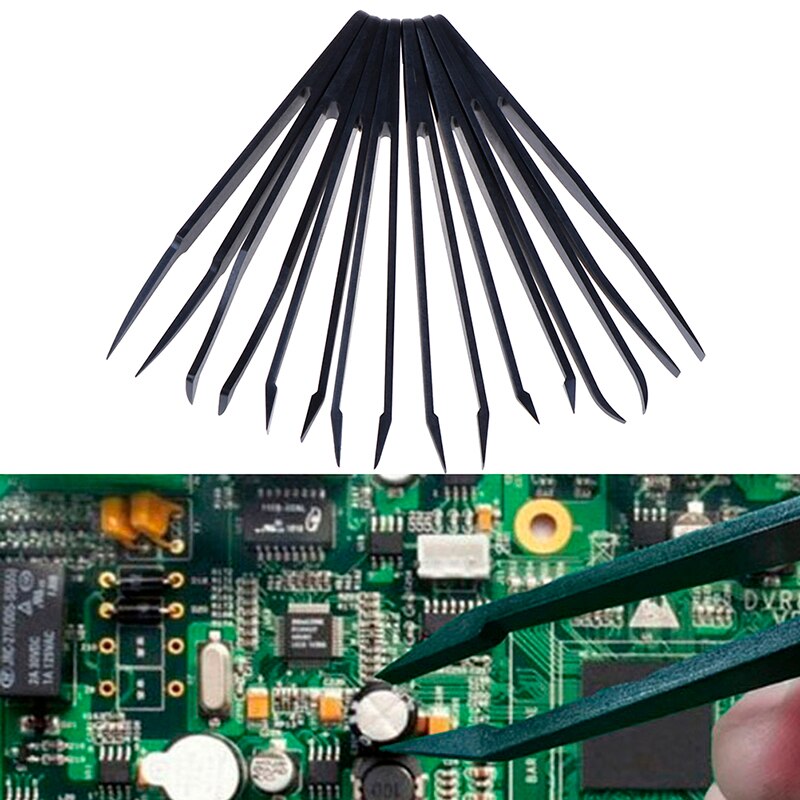 Set van 8 zwarte antistatische koolstofvezel pincetten voor elektronica, esd-kunststof pincetten en handgereedschap voor pcb-reparatie.