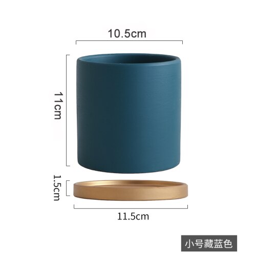 Eenvoudige, rechte, kleurrijke, cilindrische, keramische bloempot in europese stijl, vetplanten, bloemen, groene dillepot met gouden schaal: A10.5cm