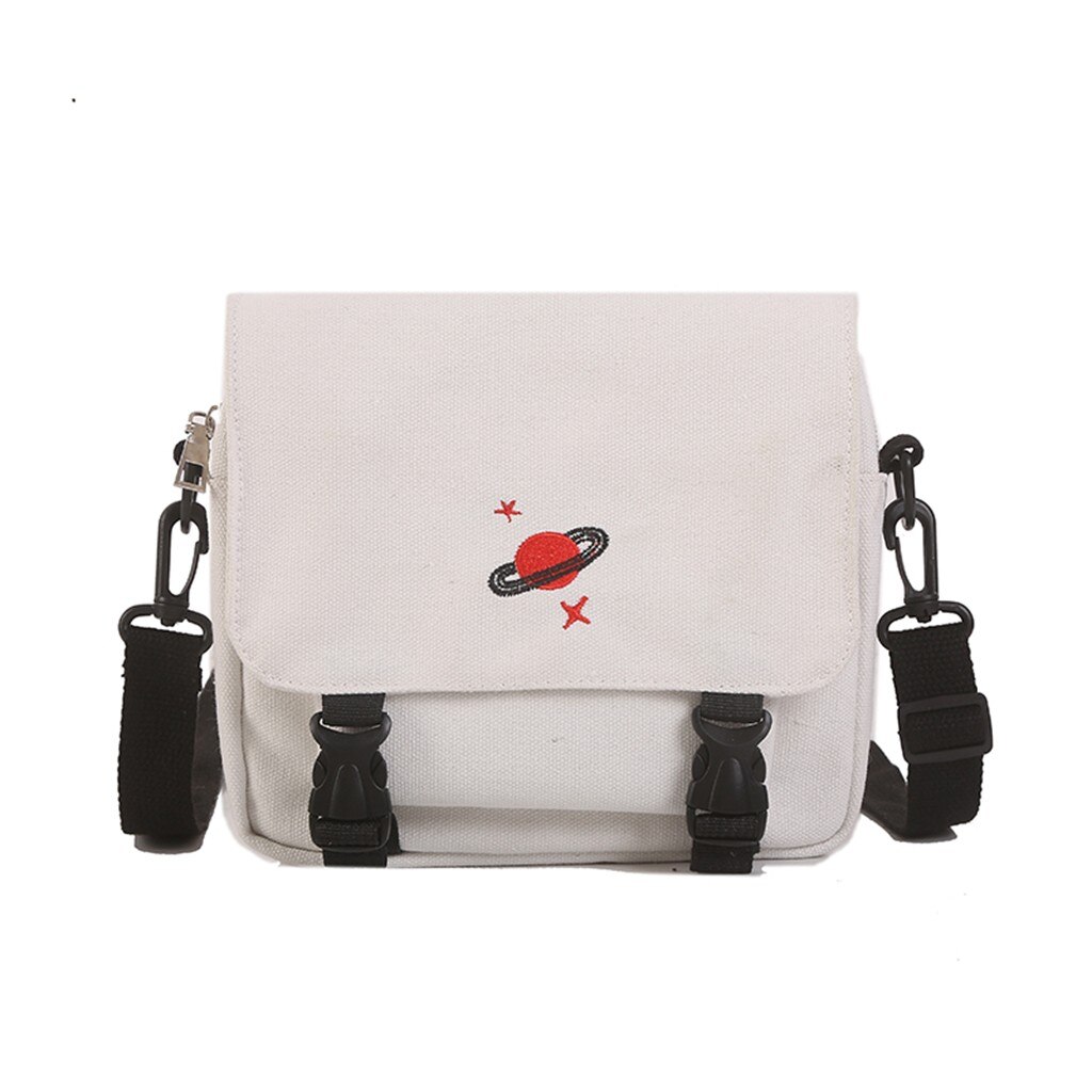 Women's Embroidered Canvas Handbag Buckle Cartoon Shoulder Bag Simple Phone Bag: White