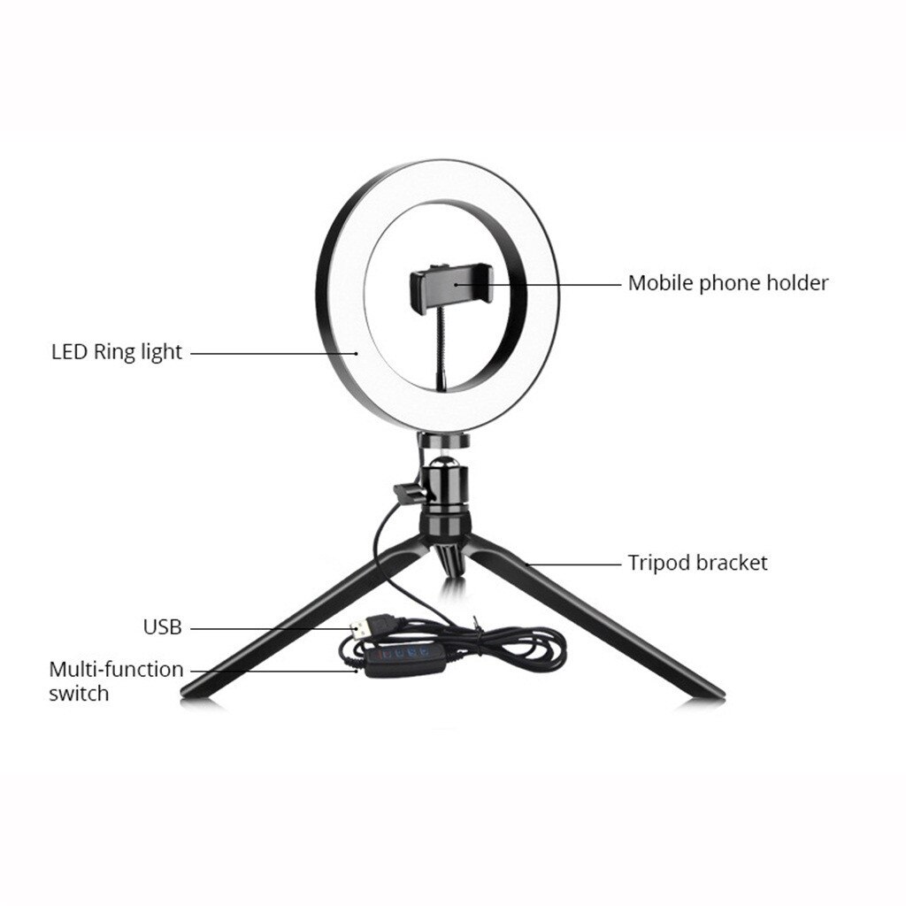 LED Ring Fill-Light Lamp Tripod Stand With Light Foldable Selfie Camera Phone Holder Studio Video Dimmable Desktop Light Rack