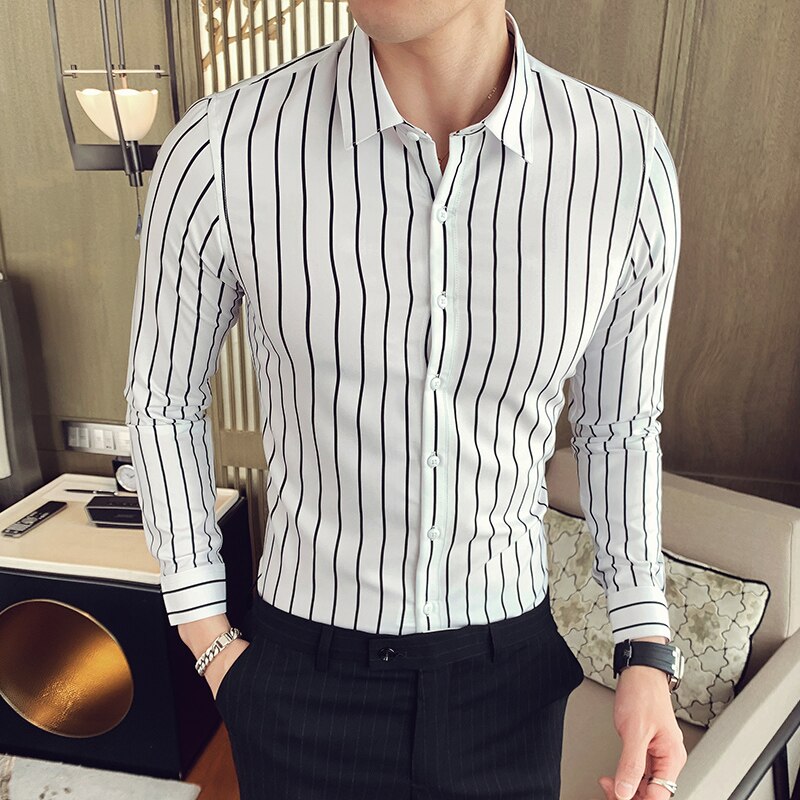 Mænd langærmede skjorter herre stribet klassisk pasform behagelig blød bomuld casual button-down skjorte