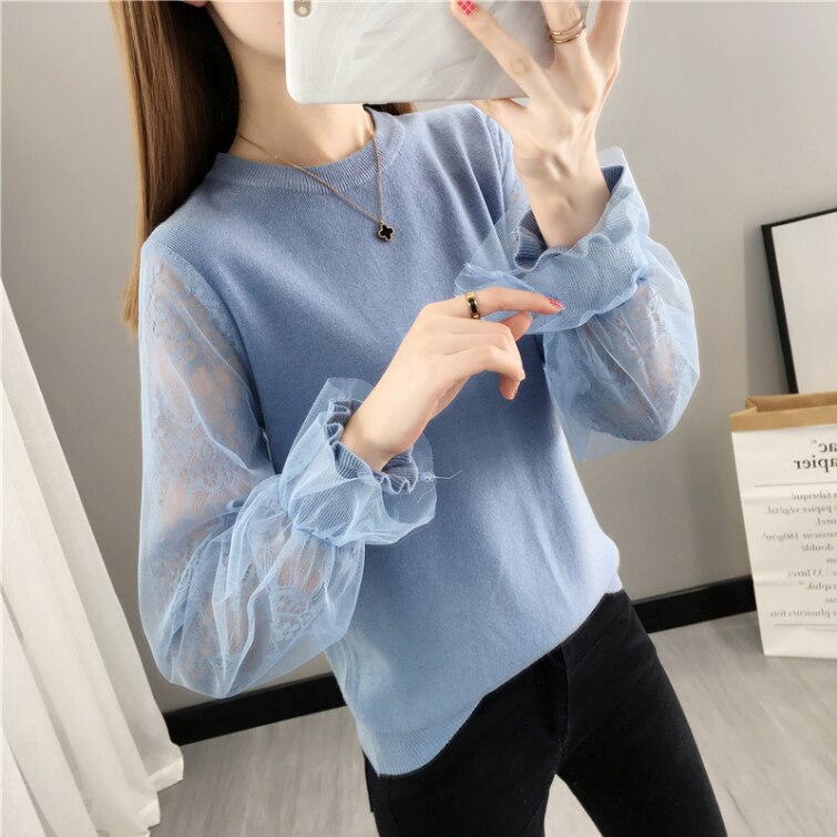 Menina malha manga longa camisola de malha feminino o pescoço solto preguiçoso costura lanterna manga laço bottoming jumper primavera 2020 primavera