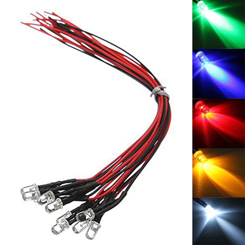 10Pcs Rood Geel Blauw Groen Wit 5Mm Pre-Wired Led Super Bright Water Clear Lamp 5-12V Voorbekabeld Led Multicolor