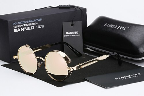 Retro rund metal hd polariserede punk steampunk solbriller til kvinder mænd,vintage solbriller oculos de sol feminino masculino: Guldrosa