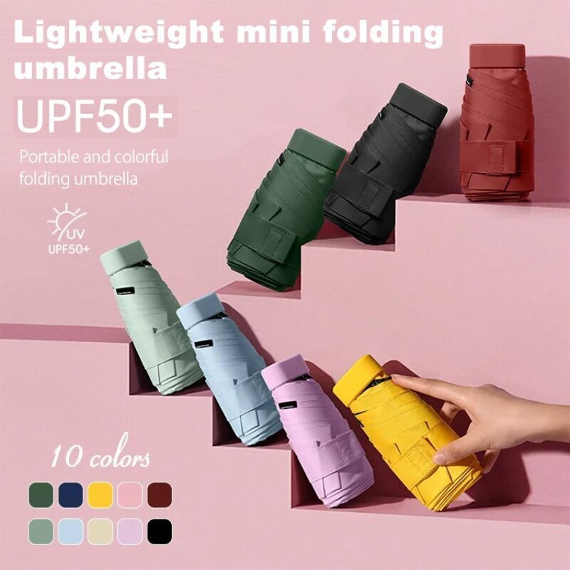 Miniatyyri aurinkovarjo, kevyt ja kannettava, musta uv-suoja, korttipidike ja kuusinkertaisella taitolla
