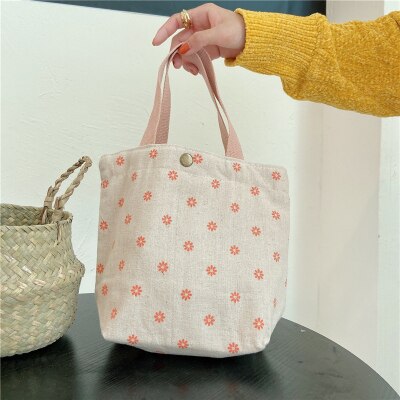 Original Korean Canvas Lunch Bag Lunch Box Hand Bag Cotton Linen Cloth Handbag Small Compact Large Capacity Mommy Bag: Pink