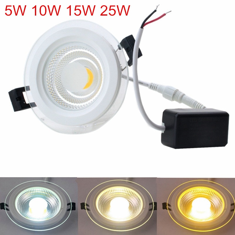 5w 10w 15w 25w led panel downlight rundt glass deksel lys høy lyse cob tak innfelte innendørs lamper  ac85-265v +  driver