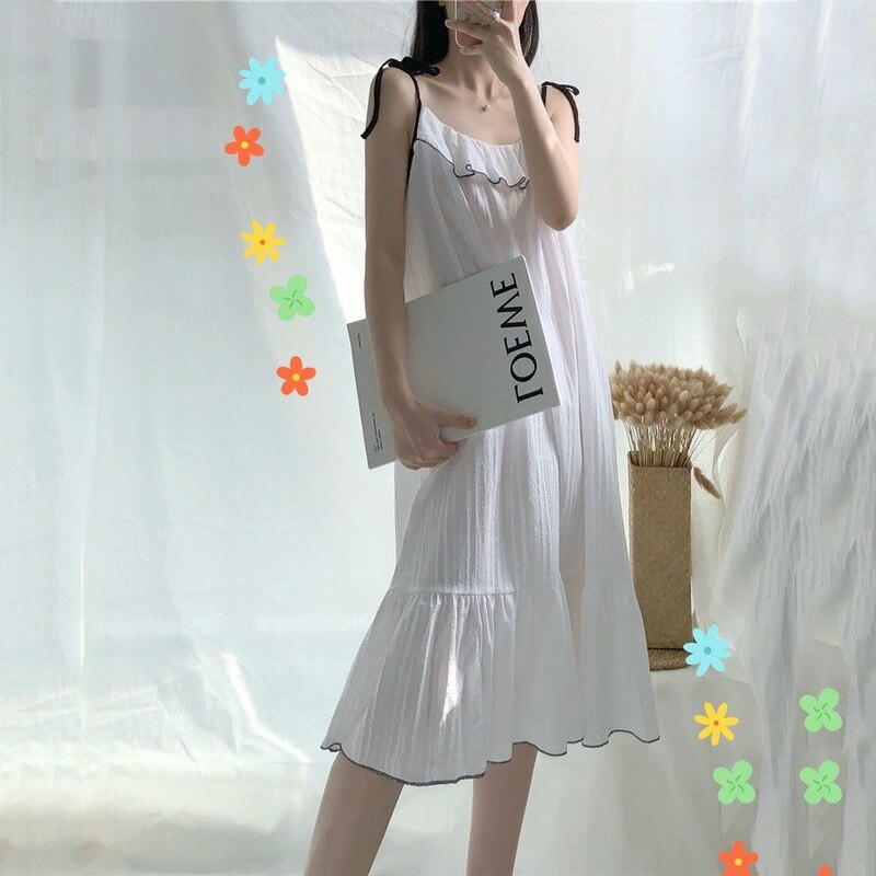 Nachthemden Vrouwen Spaghetti Band Ruches Wit Zomer Koreaanse Stijl Nachtkleding Feminino Mouwloze Zachte Knielange Elegante