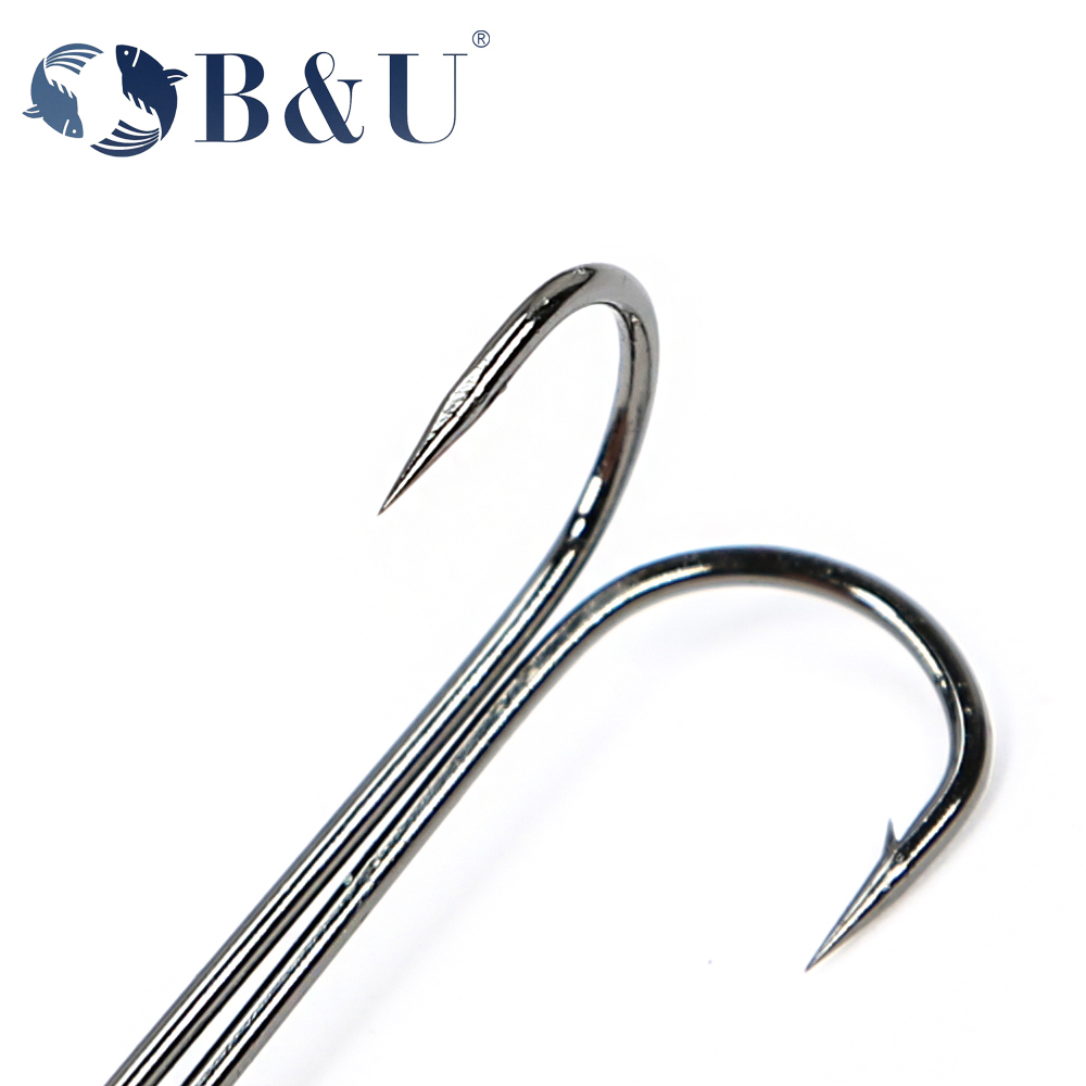 Anzuelos de pesca B & U, anzuelo doble súper largo, aparejos de pesca largos de acero rico en carbono, diferentes tamaños equipados con señuelo suave