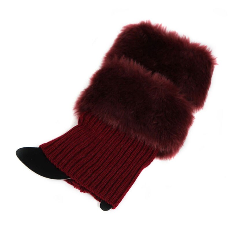 Women Winter Leg Warmers Lady Crochet Knit Fur Trim Leg Boot Socks Toppers Cuffs: Deep Red