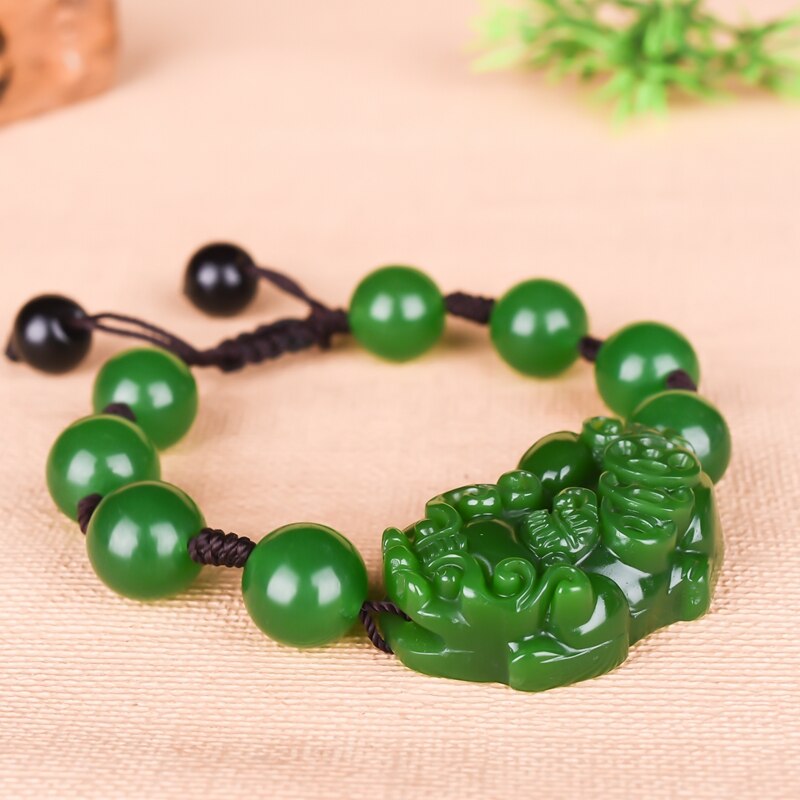 Carved Green Jade 12mm Bead Pixiu Elastic Bracelet Natural Chinese Jewellery Lucky Amulet Women man