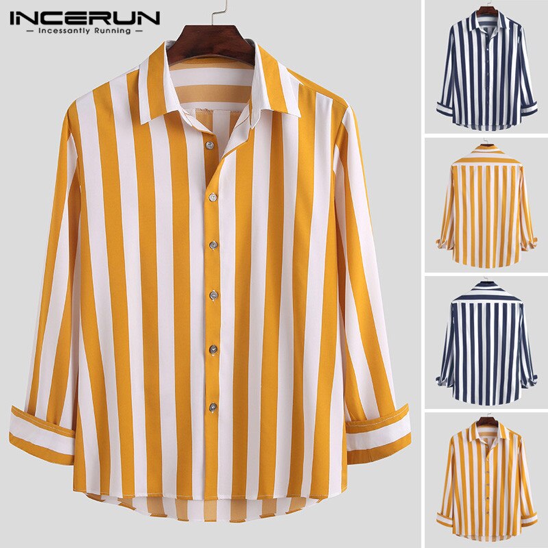 Camisas masculinas moda listrado botão blusa incerun manga longa lapela vestido camisas primavera homem solto casual streetwear S-5XL
