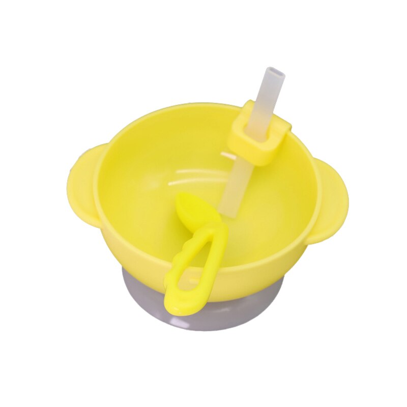 Tazón auxiliar de comida para bebé de dibujos animados, juego de ventosas anticaídas, hebilla de ventosa, tubo de succión, cuchara torcida, resistente a roturas: Black