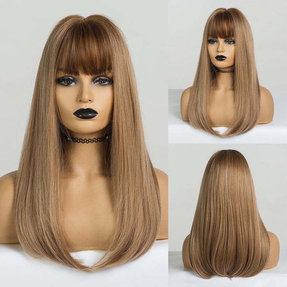 EASIHAIR Long Brown Ombre Straight Wigs with Bangs Synthetic Wigs for Women Daily Natural Hair Wigs Heat Resistant Cute Cosplay: LC167-6