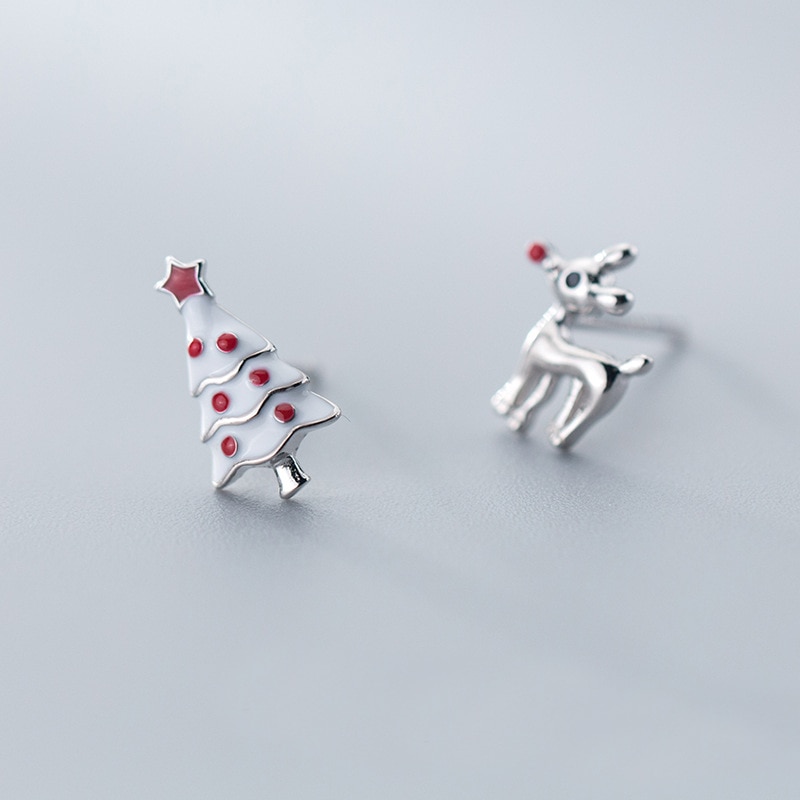 MloveAcc 925 Sterling Silver Stud Earrings Deer Christmas Tree Asymmetrical Earrings for Women Girl Christmas Jewelry