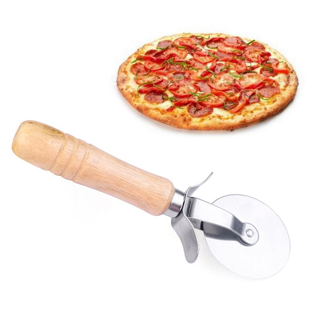 Round Pizza Cutter Stainless Steel Wooden Handle Pastry Dough Cut Tool Kitchen Baking Tools