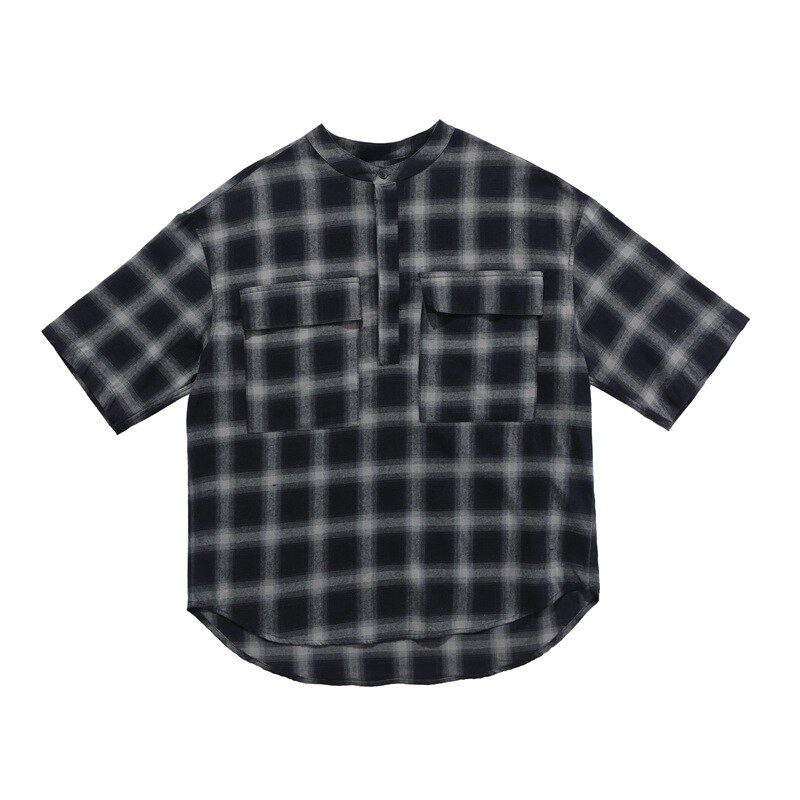 Season 6 Main Line Henry Collar Plaid Short Sleeve Shirt Loose Fit High Street Stripe Shirts For Man Clothes