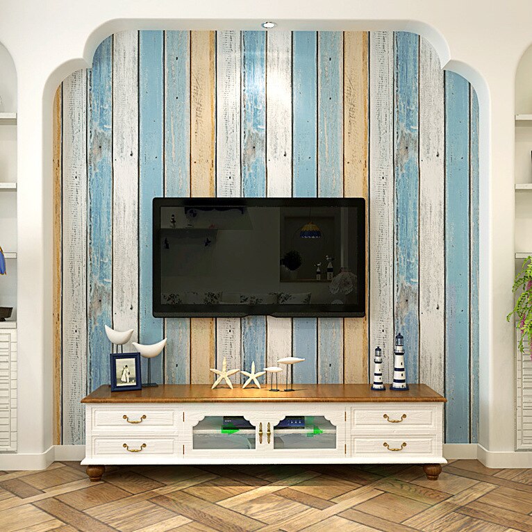 Papier peint intissé bleu Imitation bois pour mur derrière TV, salon, Film et télévision, Style méditerranéen