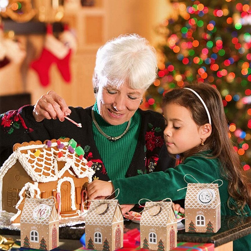 24er- set weihnachtshaus-verpackungsboxen, süßigkeitentüten mit kordeln, weihnachtskekstüten, gastgeschenke für geburtstage, hochzeiten und partys